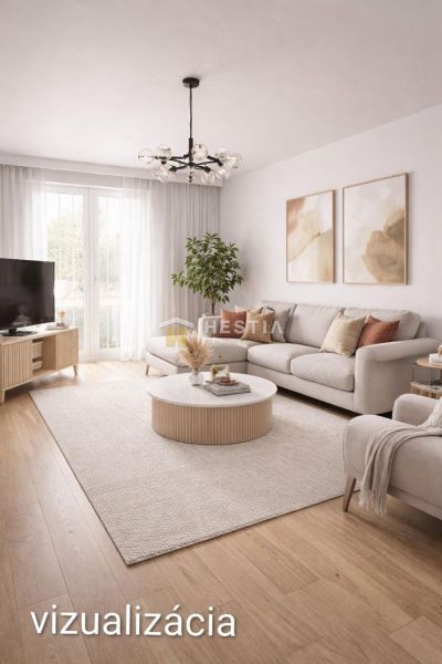 Living room in a three-room apartment with a wooden decor floor and light furniture.