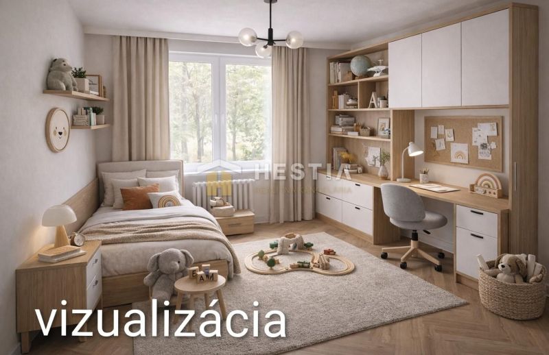 A children's room with a bed, desk, and floor with a wooden decor in a 3-room apartment.