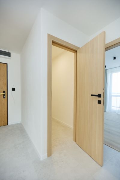 Interior of a 4-room apartment with doors and flooring featuring a wood decor.