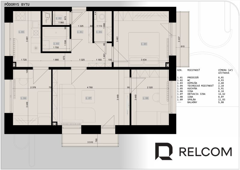 Floor plan of a 4-room apartment with a wooden decor floor, with a kitchen and a bathroom.