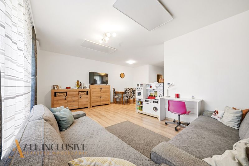 Living room in a three-room apartment with a wooden decor floor and a comfortable sofa.