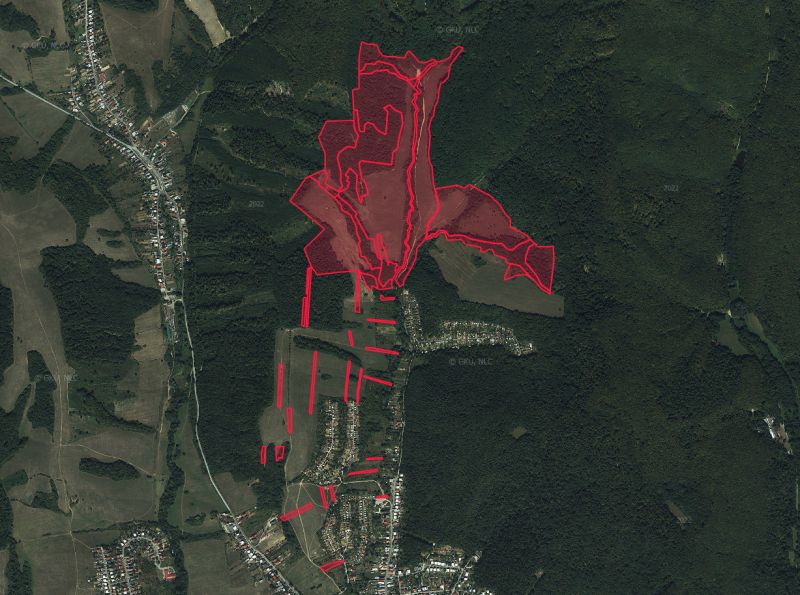 Aerial view of agricultural and forest land in Humenné with marked boundaries.