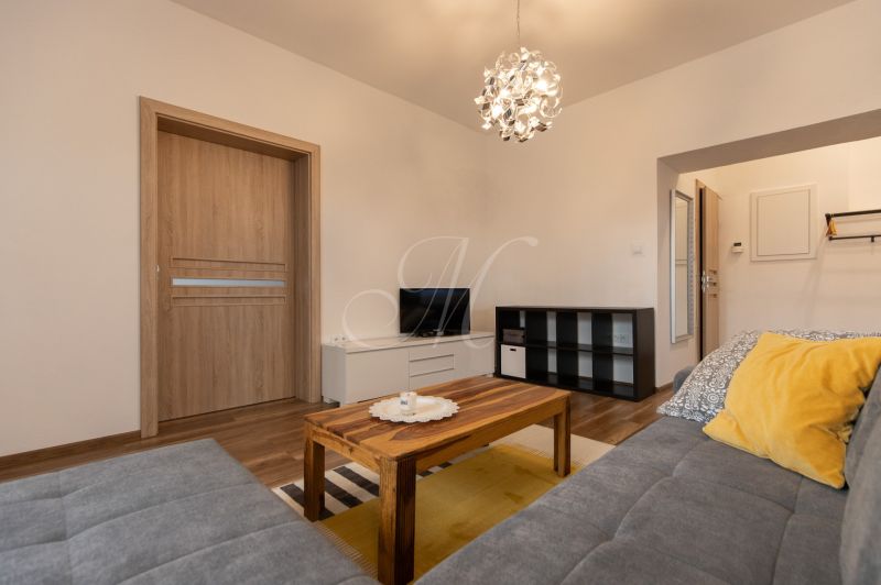 Living room in a two-room apartment with a sofa, table, and lamp.