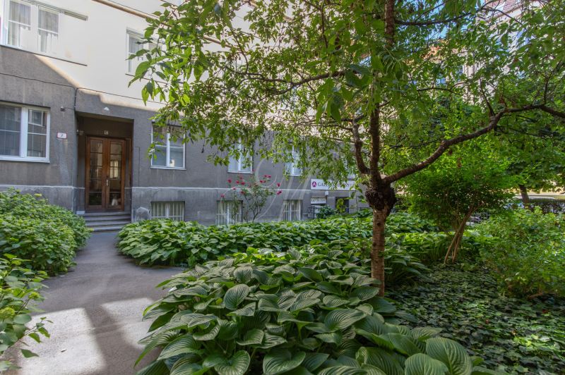 Garden area in front of the apartment building on Dobrovičova Street in Bratislava - Old Town.