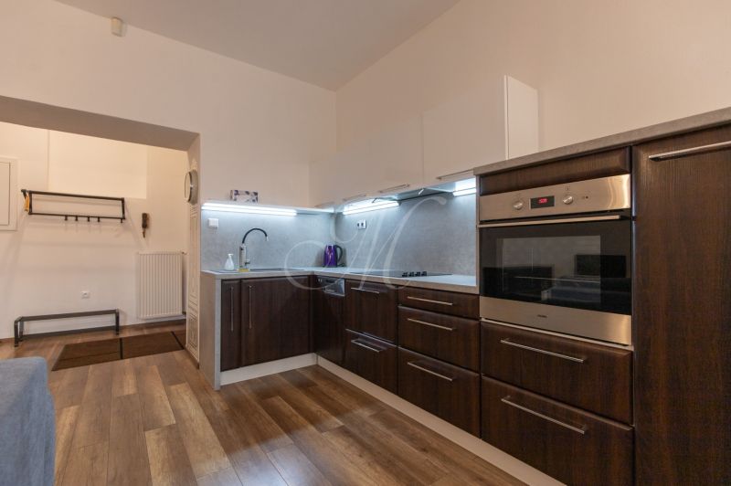 A kitchen in a 2-room apartment with dark furniture and a wooden decor floor.