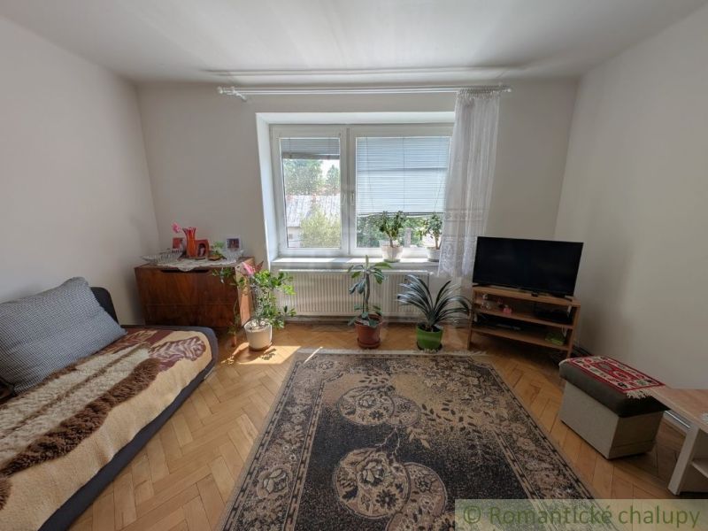 A room in a 2-bedroom apartment with carpets, flowers, and a wooden decor floor.