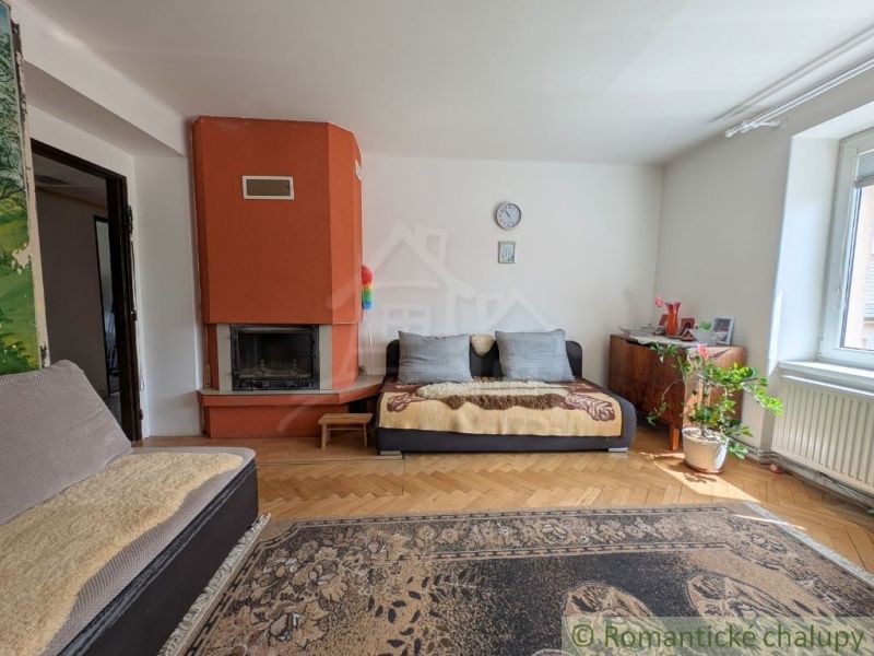 A living room in a two-room apartment with a fireplace and a wooden decor floor.