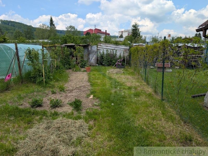 A garden with a lawn and a greenhouse around Medzilaborce surrounded by wooden structures.
