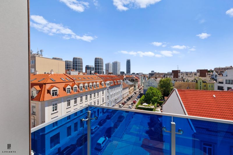 The view from the balcony of a 4-room apartment on Dunajská Street in Bratislava towards the high-rise buildings.