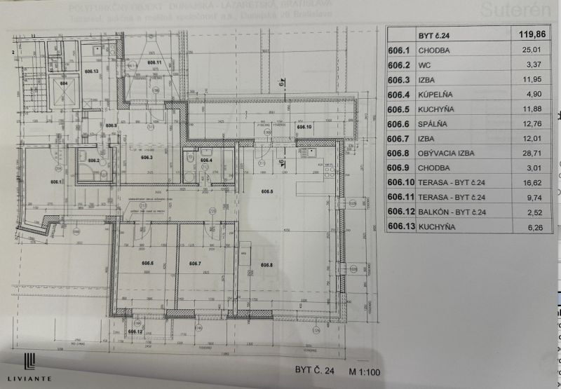 Floor plan of a 4-room apartment with room labels and terrace.