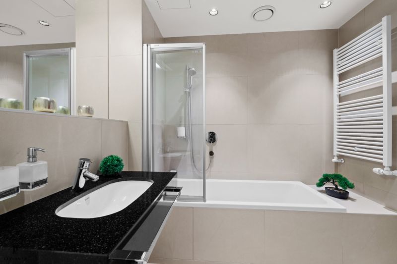 A bathroom in a 2-room apartment with a bathtub, shower, and black sink.