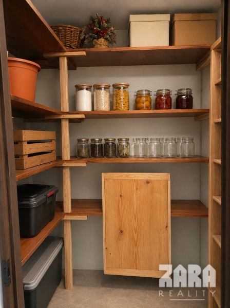 Pantry with shelves, storage boxes, and jars in a three-room apartment.