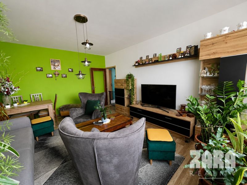 A living room in a 3-room apartment with wooden decor and a green wall.