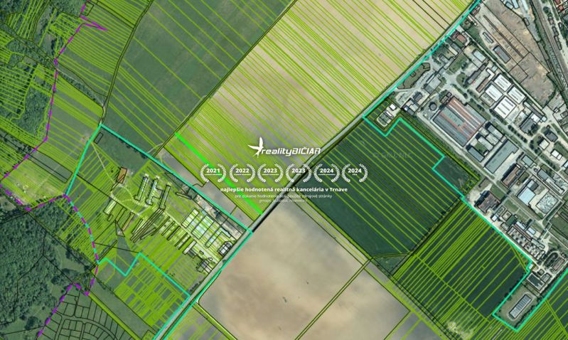 Aerial view of agricultural and forest lands near Továrenská Street in Smolenice.