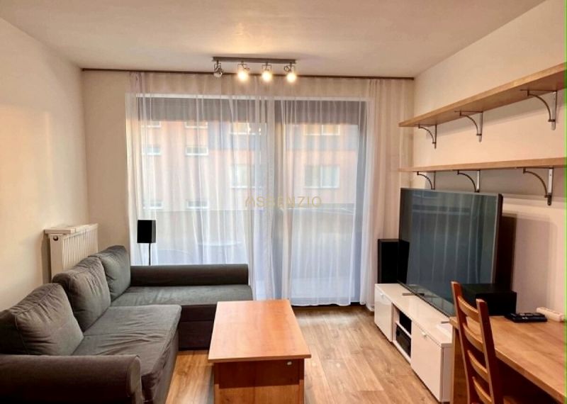Living room in a two-room apartment with a sofa, TV, and shelves; floor with wood decor.