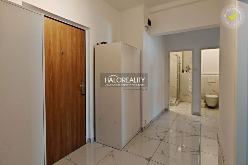 A corridor with an entrance door, a cabinet, and an open entrance to the bathroom in a 2-room apartment.
