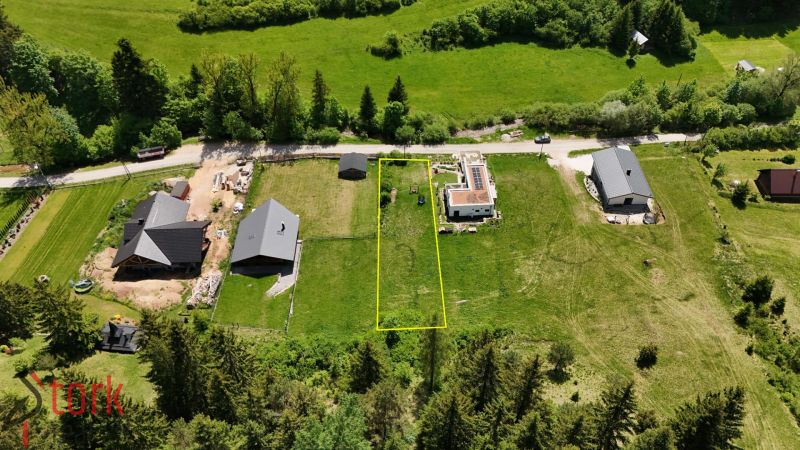 Aerial view of a plot in Rajecká Lesná, ideal for living surrounded by nature.