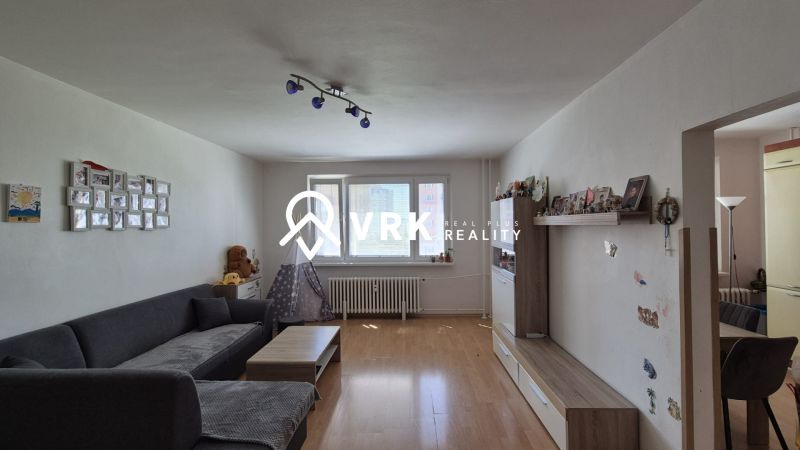 Living room in a three-room apartment with a comfortable sofa, wooden decor flooring, and toys.