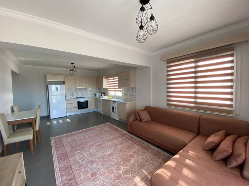 Kitchen and living room of a 3-room apartment with a sofa, dining table, and kitchen unit.