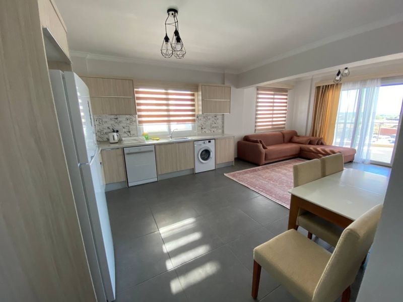 A kitchen with a sofa and a dining table in a 3-room apartment.