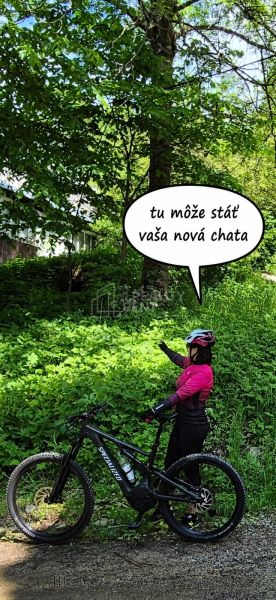 A cyclist in Terchová points to plots - housing surrounded by dense greenery.