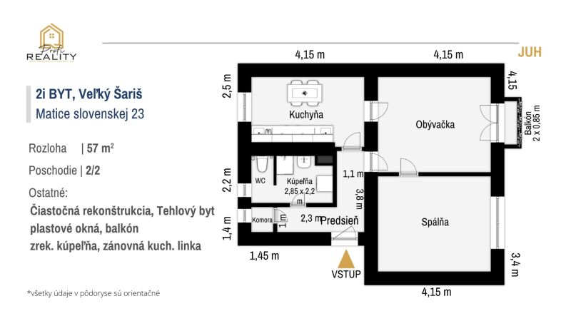Floor plan of a 2-room apartment on Matice slovenskej Street in Veľký Šariš.