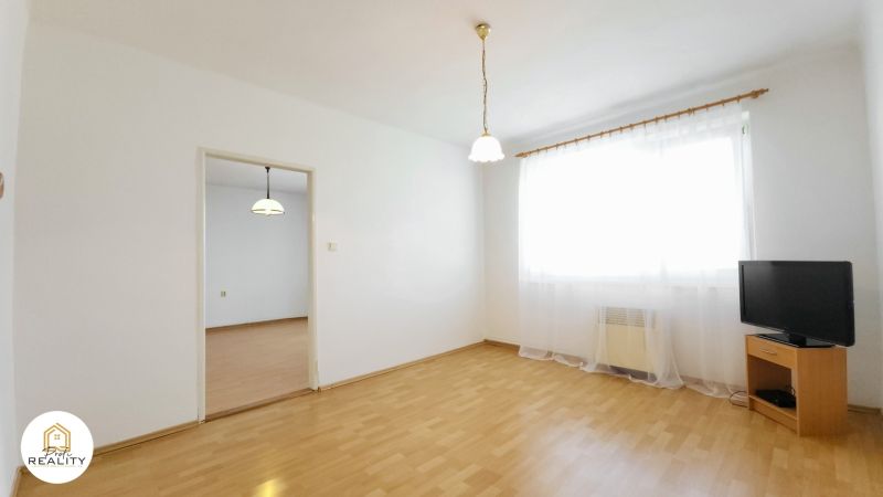 A bright living room in a two-room apartment with wood-patterned flooring and a TV in the corner.