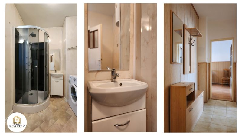 Bathroom with a shower and hallway in a 2-room apartment with a wooden decor floor.