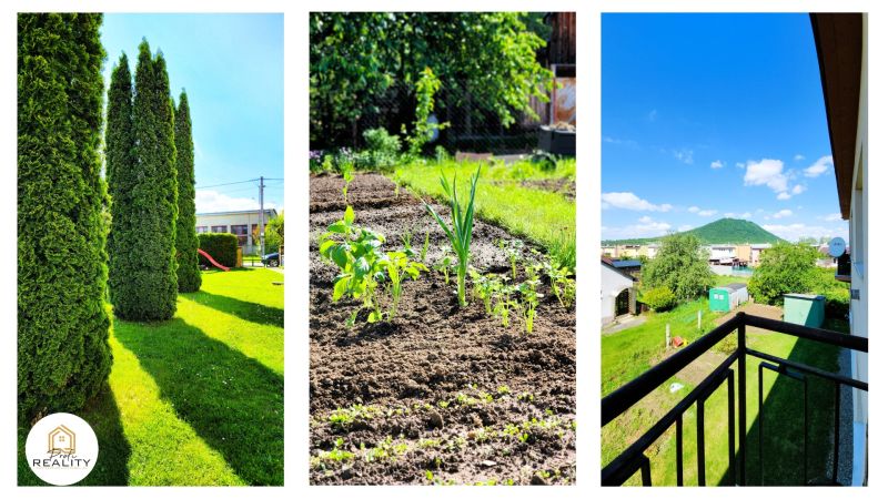 A garden with conifers, vegetable planting, and a view from the balcony in the town of Veľký Šariš.