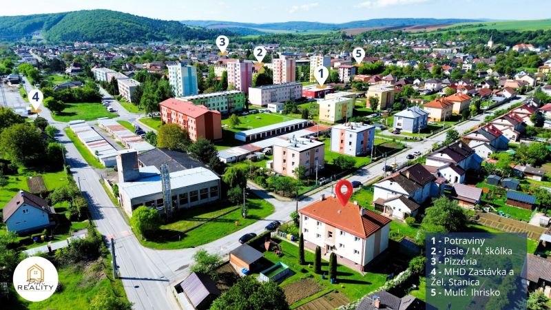 Aerial view of Veľký Šariš, Matice Slovenskej Street, near 2-bedroom apartments and grocery stores.