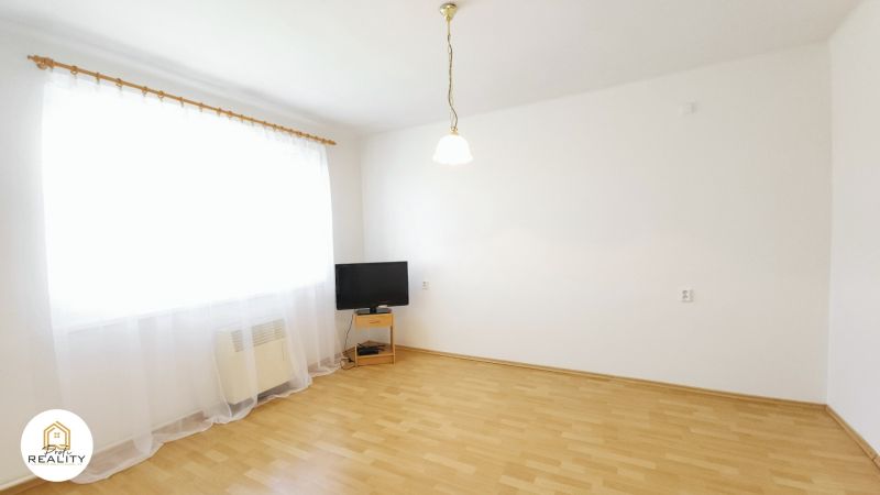 Living room with light-colored walls and a floor with a wooden decor, basic furnishings, 2-room apartment.