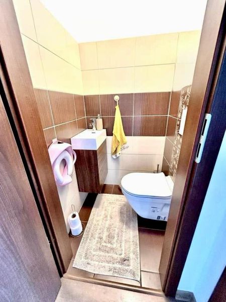 A toilet with a sink and tiles with a wood decor in a family house.