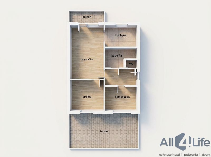 Floor plan of a 3-room apartment with a terrace, balcony, and wooden decor flooring.