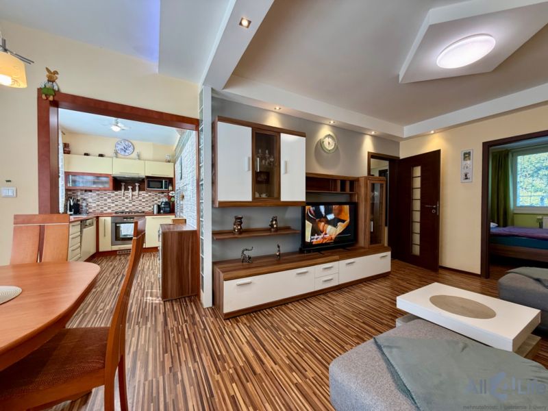 Living room and kitchen in a three-room apartment with a wooden decor floor.