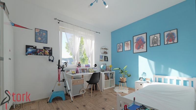 Children's room with a desk, blue wall, decorations, and wood-patterned flooring in a family house.
