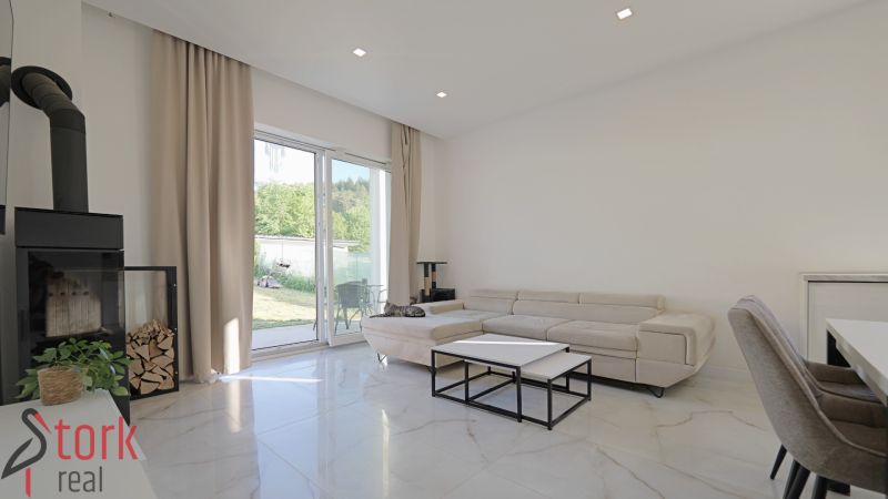 Living room in a family house with a fireplace, sofa, and large windows.