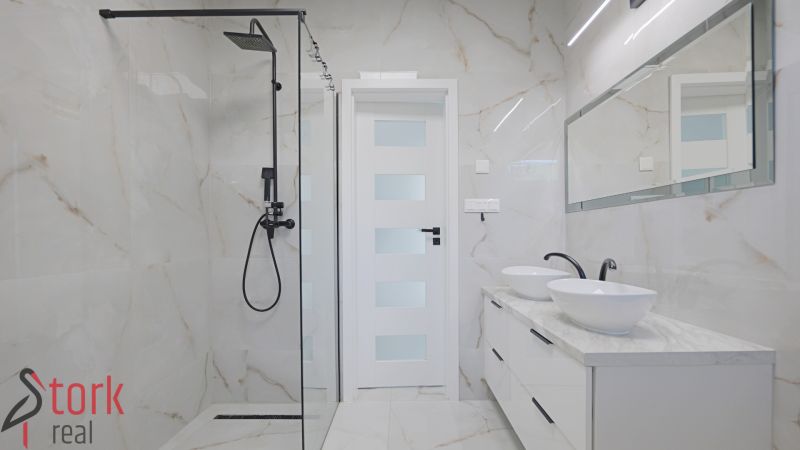 A bathroom with a walk-in shower and two sinks in a family house.