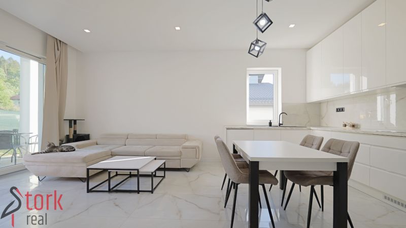 Living room with white walls, a kitchen unit, and a sofa in a family house.