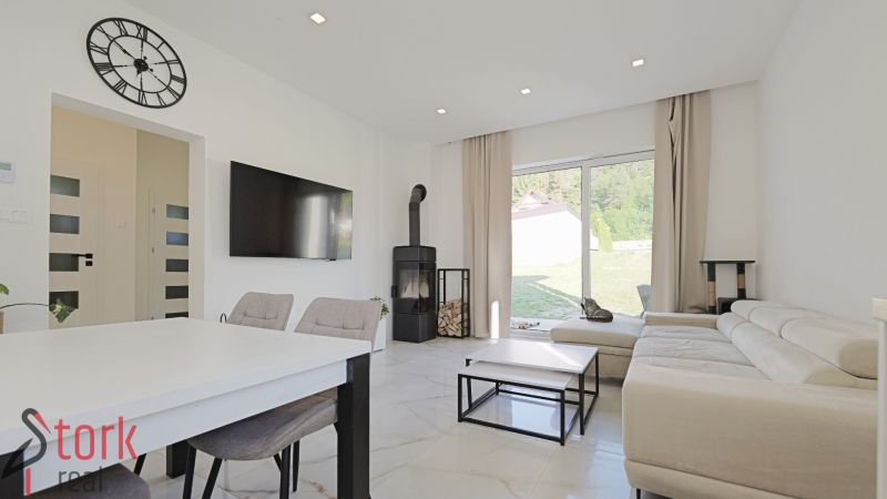 Living room in a family house with a television, fireplace, and large window.