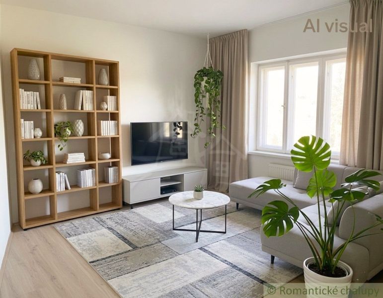 Living room in a family house with a comfortable sofa, television, and bookshelf.