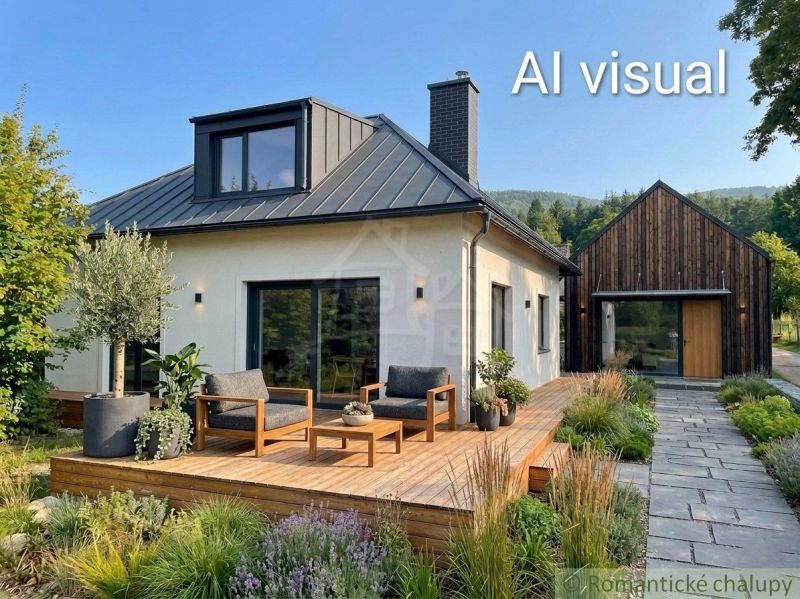 A family house in Štiavnické Bane with a garden, wooden terrace, and modern roofing.