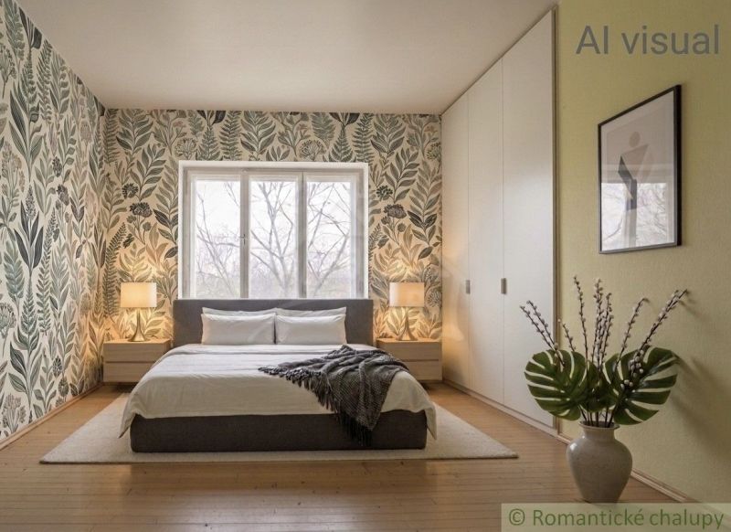 A bedroom with plant-themed wallpaper, a bed, and wardrobes in a family house.