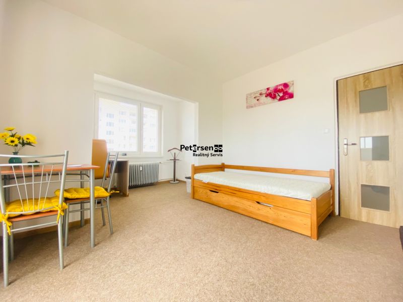 Living room with a sofa bed in a 3-room apartment, flowers on the table, and a window.