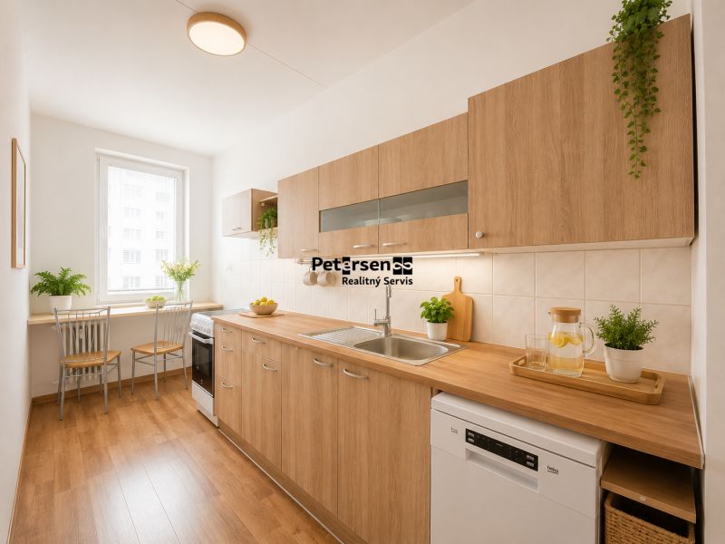 A kitchen in a 3-room apartment with a wooden decor floor and light cabinets.