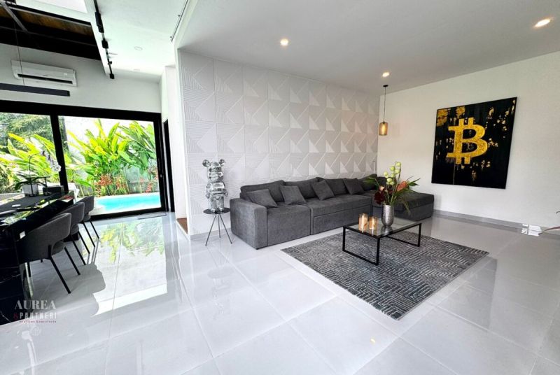 Living room in a villa with a comfortable gray sofa, decorations, and art on the wall.