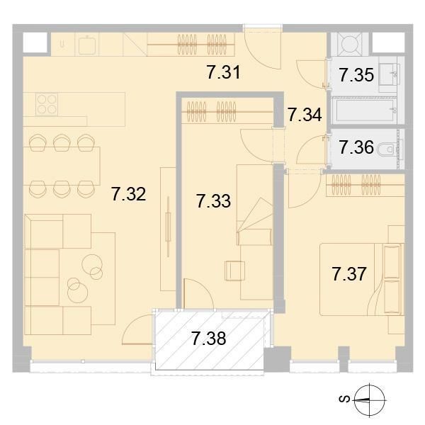 Floor plan of a 3-room apartment with two bedrooms, a living room, and a kitchen.