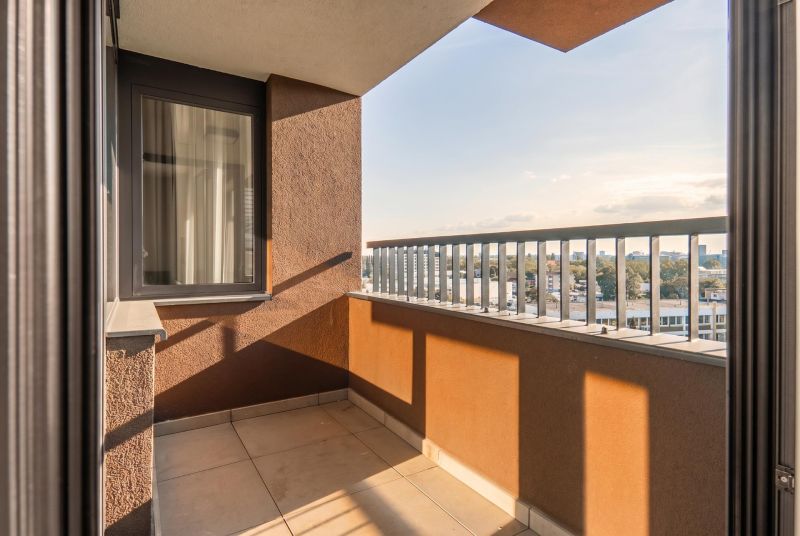 A balcony with a view of the city from a 3-room apartment on Mierová Street in Bratislava.