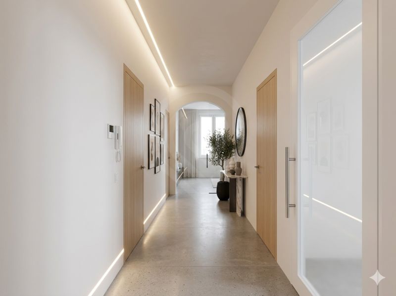 A spacious hallway in a 3-room apartment with wood and artistic decorations.