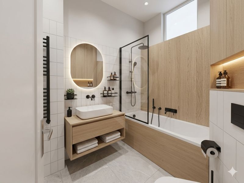 Bathroom in a 3-room apartment with a combination of white and wood, elegant design.