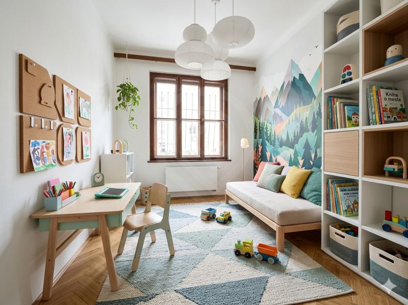 Children's room with a desk, sofa, toys, and a floor with a wooden decor.